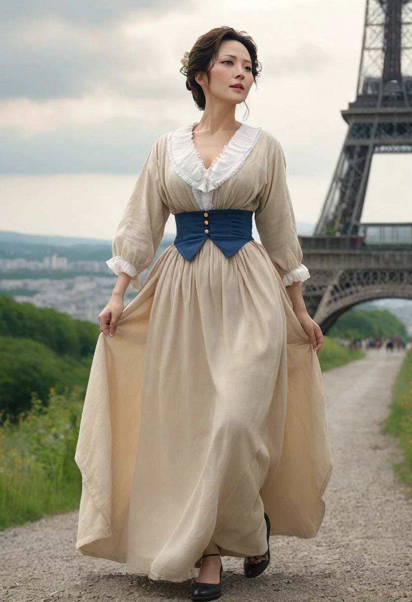 Highest quality、high detail、Ultra-realistic、「french revolution」A famous scene from、A beautiful woman runs up a hill with a French flag and a shotgun、White skin、My body is dirty in places with dust.、She is wearing a light beige dress with an open collar and frills.、Breast fully exposed、Super huge droopy udder、????? nipples、Cloudy sky with dark clouds that look like it might rain,「Goddess of the French Revolution」,Japanese Mature,55 years old,Big Breasts