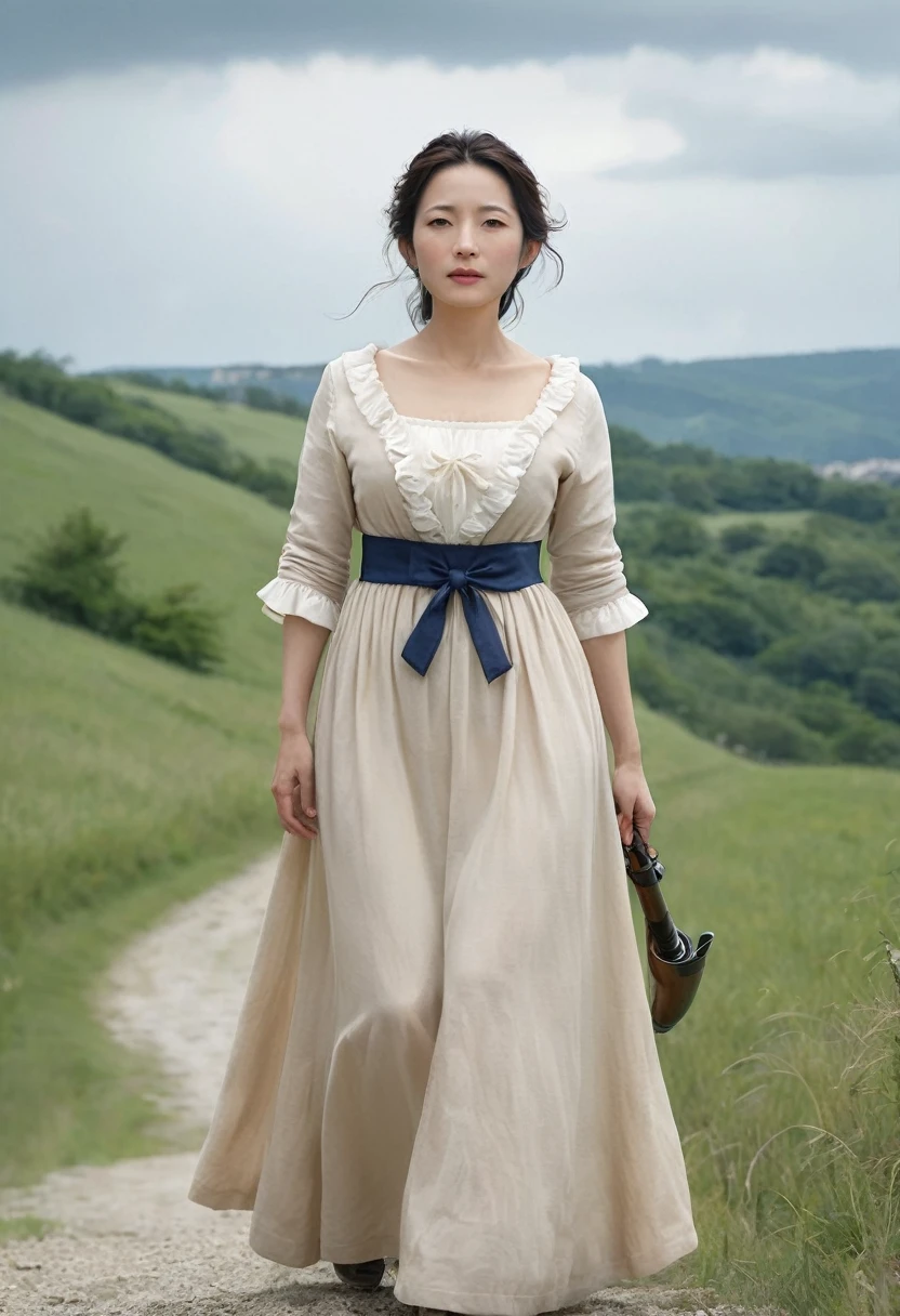 Highest quality、high detail、Ultra-realistic、「french revolution」A famous scene from、A beautiful woman runs up a hill with a French flag and a shotgun、White skin、My body is dirty in places with dust.、She is wearing a light beige dress with an open collar and frills.、Breast fully exposed、Super huge droopy udder、Erect nipples、Cloudy sky with dark clouds that look like it might rain,「Goddess of the French Revolution」,Japanese Mature,55 years old,Big Breasts
