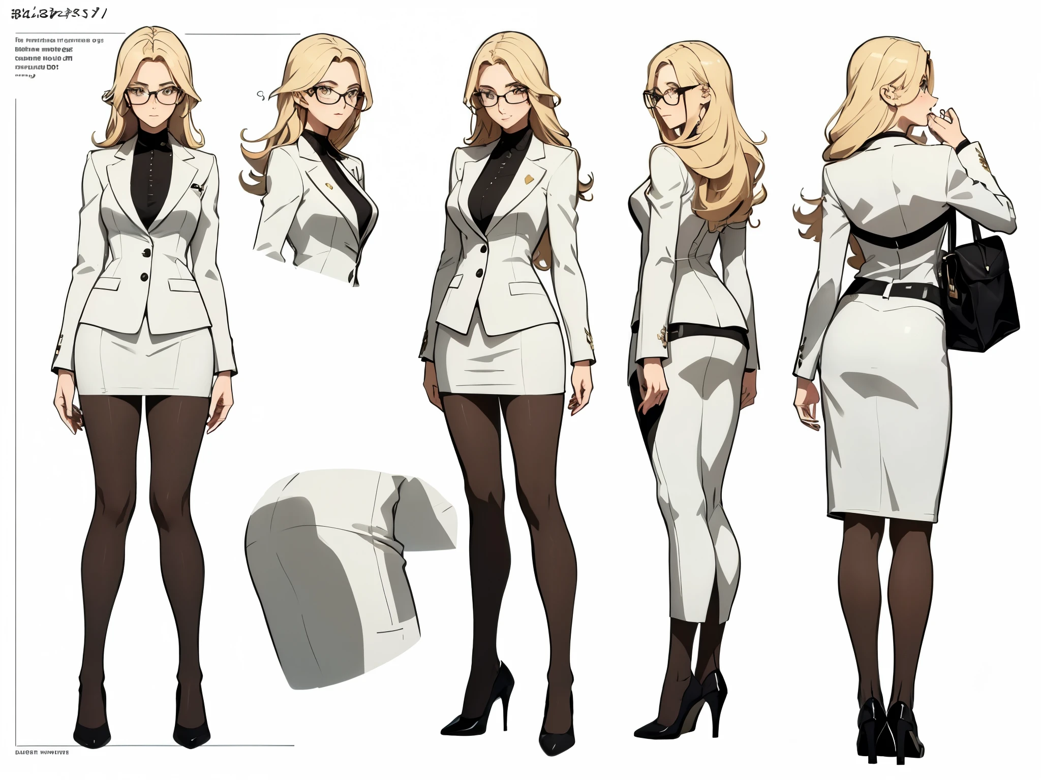 ((masterpiece)),(((best quality))),(character design sheet, same character, front, side, back), beautiful woman, glasses, long blonde hair, futuristic chic businness woman, white futuristic blazer, pencil skirt, stockings, garter, high heels,