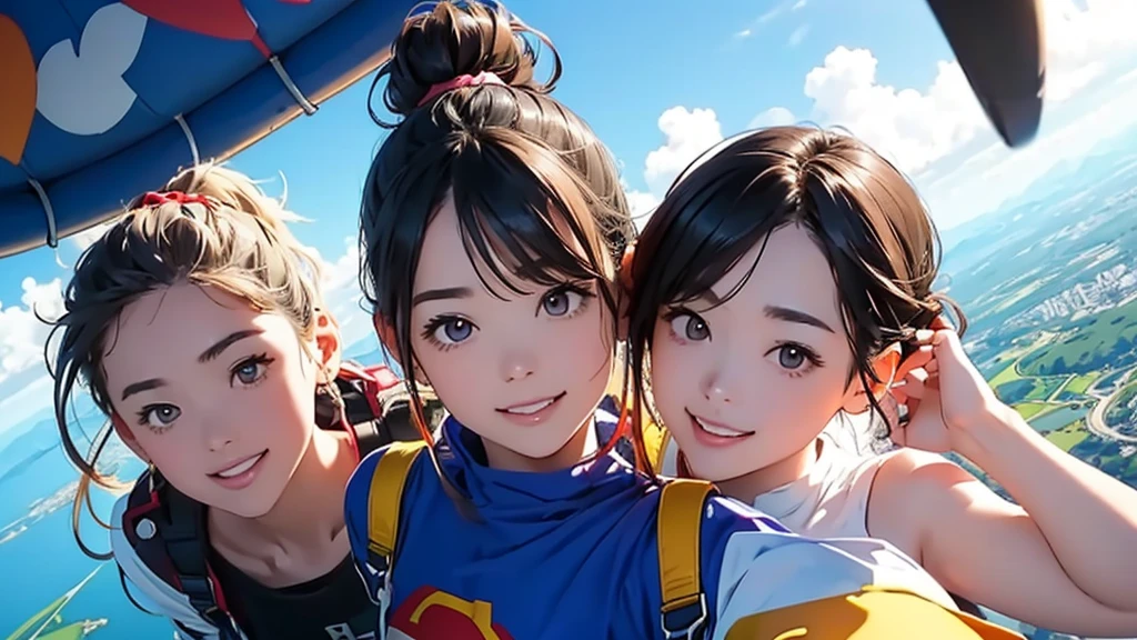 Highest quality、High resolution、Detailed Background、(Beautiful face in every detail:1.4)、Anatomically correct、(Draw the usual number of fingers:1.2)、(Hide your fingers:1.3)、(Detailed facial expressions)、(Detailed eyes:1.2)、Teenage beauty、Highly detailed face、Huge breasts、Perfect body line、Light color hair、Bobcut、ponytail、well-groomed eyebrows、Super height、A big smile、

(Super heightでスリリングなアクティビティを楽しんで興奮している3人の少女:1.5)、

Extremely excited、Ultra high tension、
I'm very excited the moment an airplane door is opened and I'm thrown into the air、
The strength of the wind and the sense of altitude The feeling of free fall you experience for the first time heightens the excitement、
The free fall from jumping off an airplane until the parachute opens is thrilling and excited-boosting、
You can test your own limits and courage while feeling the feeling of falling at a high speed and changes in the surrounding scenery、
The moment the parachute opens after completely turning from free fall, the speed decreases all at once and it shifts to a quiet atmosphere、this moment is a mixture of excitement and relief、
After the parachute opens, you can enjoy the feeling of slowly flying through the air、
The feeling of floating in the wind and taking a walk in the air while admiring the beautiful scenery also heightens the excitement、
The last step in skydiving is the moment you land safely on the ground、
You can enjoy the excitement by using a parachute to glide and timing your landing、
The skydiving experience will give you the excitement and excitement you'll never forget、

A group that skydives with friends and friends coexists with cuteness and fun、
The sight of everyone jumping into the air together is so colorful and cute、
You can also choose cute characters and colorful patterns to design your parachute、You can enjoy loveliness and excitement at the same time as the sight of big cute characters and patterns spreading in the air、
Skydiving is a thrilling and adventurous activity, but don't forget to incorporate smiles and cuteness、

Pair a sporty top with colorful shorts、
Choose bright colors or patterns for tops、
A freestyle jumpsuit is the perfect item for skydiving、
You can show off your cuteness by choosing a design with a colorful pattern or embroidery、
Pair an oversized t-shirt with colorful leggings、
Choose T-shirts with cute characters or logos printed on them、
Choose sporty sneakers that are comfortable to wear、
It's stylish and cute when you incorporate accessories such as caps and sunglasses、
Don't forget to choose the right equipment to ensure ease of movement and safety