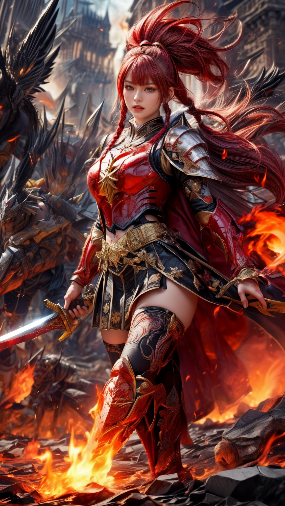 Very beautiful woman、Slender women、(Detailed face)、Realistic Skin、((Knight of Fire)), (((Red Armor:1.25)))、((((A black armor with extremely detailed and intricate decoration.))))、((Delicate photo))，(Girl Astepeace RAW Photo Details:1.25), (Highest quality:1.6), (Ultra-high resolution:1.5), (Realistic:1.75), 8K resolution, Canon EOS R5, 50mm, Absurd, Super detailed,Cinema Lighting,Battlefields of Medieval Europe、((Fight))、RPG World、Final Fantasy、(((Decorative skirt)))、Thigh-high socks、Shingard、night、Pink Hair、((Bangs are too long))、((Long, thick pink braids))、Get a six pack、Torn Cloak、Beautiful Armor、(((Giant Sword)))、In combat、The wind is blowing、(((Flames covering the area)))、(((Leading a large group of red knights)))、(((Knight Commander)))、Armor with a phoenix motif、((flames of fire))、(((Battle Scenes)))、((Browsing Caution:1.2))、(pocket)