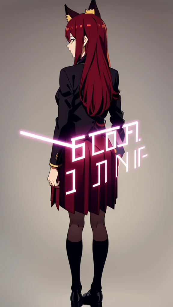 1girl ,20s,mature female,serious face,solo,red hair,long hair,fox ears,hair between eyes,(simple background),necktie,black jacket, blazer,long sleeves,pleated skirt,full body,from back