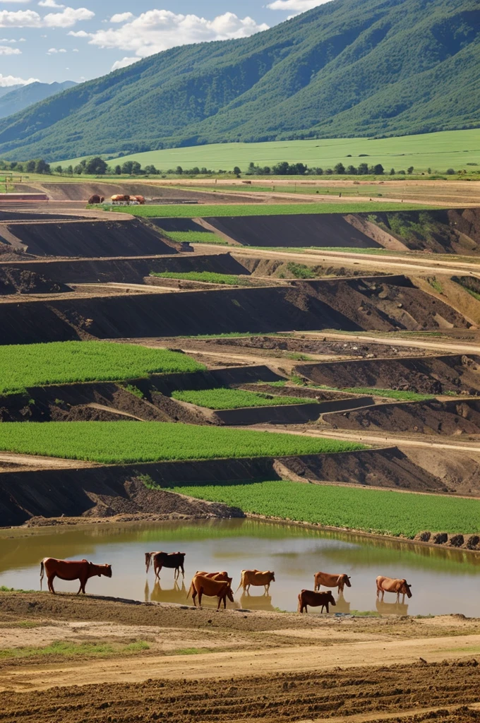 Create an Agriculture Image, cattle raising, fishing and mining.