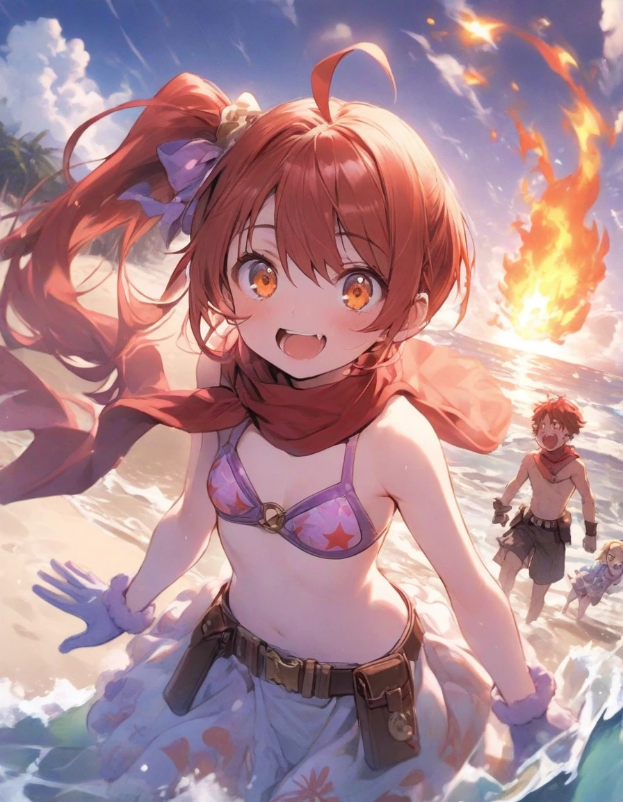 purple color scheme,sky-themed clothes made out of bikini and sky motifs. Her outfit is fluffy and soft.cute bikini,pareo,beach, red hair,, two tone hair, shiny hair, jewelry, ,, fire, dynamic angle, best quality,,,、,, ,(blooch:1.25), red scarf, ,rider belt,,red,ribbon, red hair,orange eyes,, gloves,,bodysuit,, ahoge, antenna hair, short hair,(small breasts:1.3),,(side ponytail:1.5),