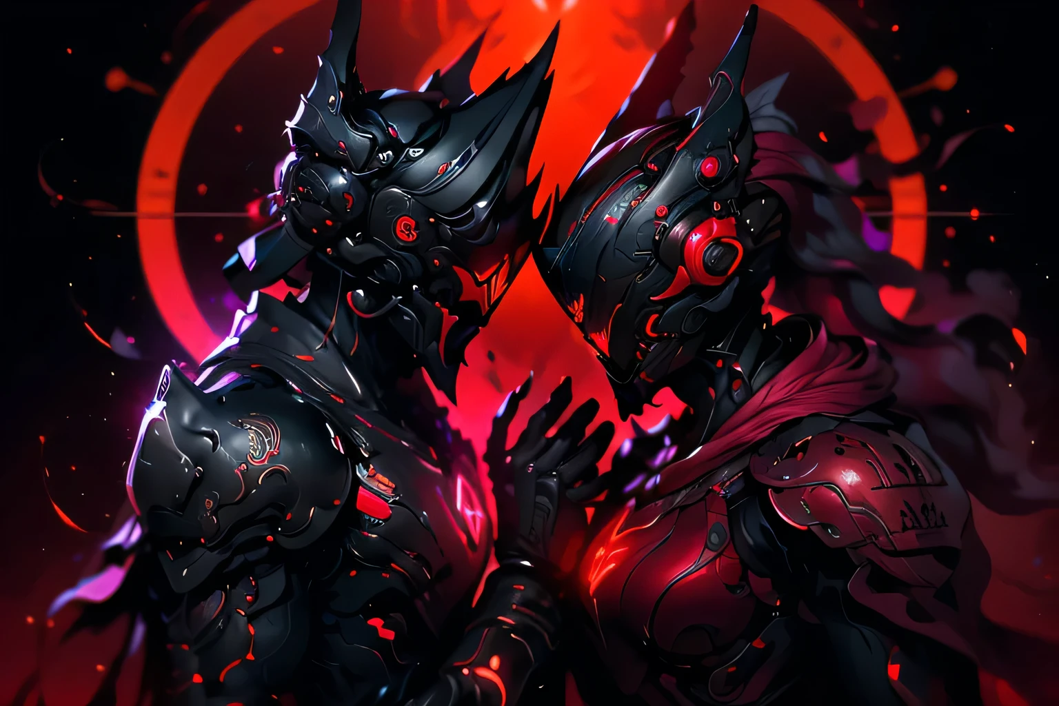 Beautifully detailed images,Depicts two people, Radiate magical energy. Shiny and sharp blade,Bloody Light, Bends and twists when reaching from one hand to the other, Create a mesmerizing, Light red flame rotating ethereal trajectory. The surrounding rooms were bathed in blood., Deep red light. Macro lens, Prime Time, Soft lighting