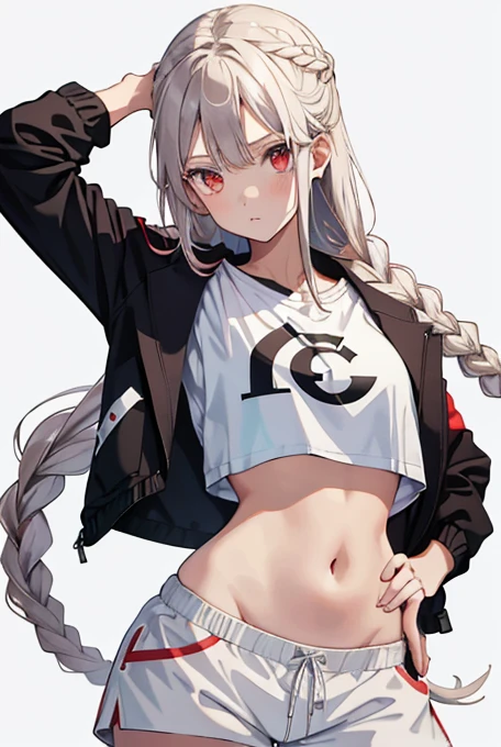 1 girl, by white, red eyes add_detail:1, belly button, looking at the viewer, hand on hip, black jacket, dolphin shorts, ingle, (white shirt:1.2), braid, very long hair, Wide hips,
under the chest, shirt,
Big\(Body proportions\),