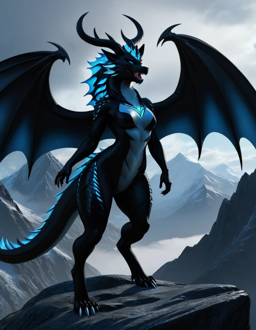 full body portrait of a realistic feminine obsidian dragon, large wings, black ral-opal inner wings, white glowing eyes, wolf shaped head, huge, long body, four legs, many horns, horns, antlers, twisting horns, curled horns, open mouth, fangs, mysterious mountain scenery, full body, cinematic, render, 8k, unreal engine, realistic, masterpiece, high detail, full body, low life, extremely intricate, extreme detail, volumetric lighting