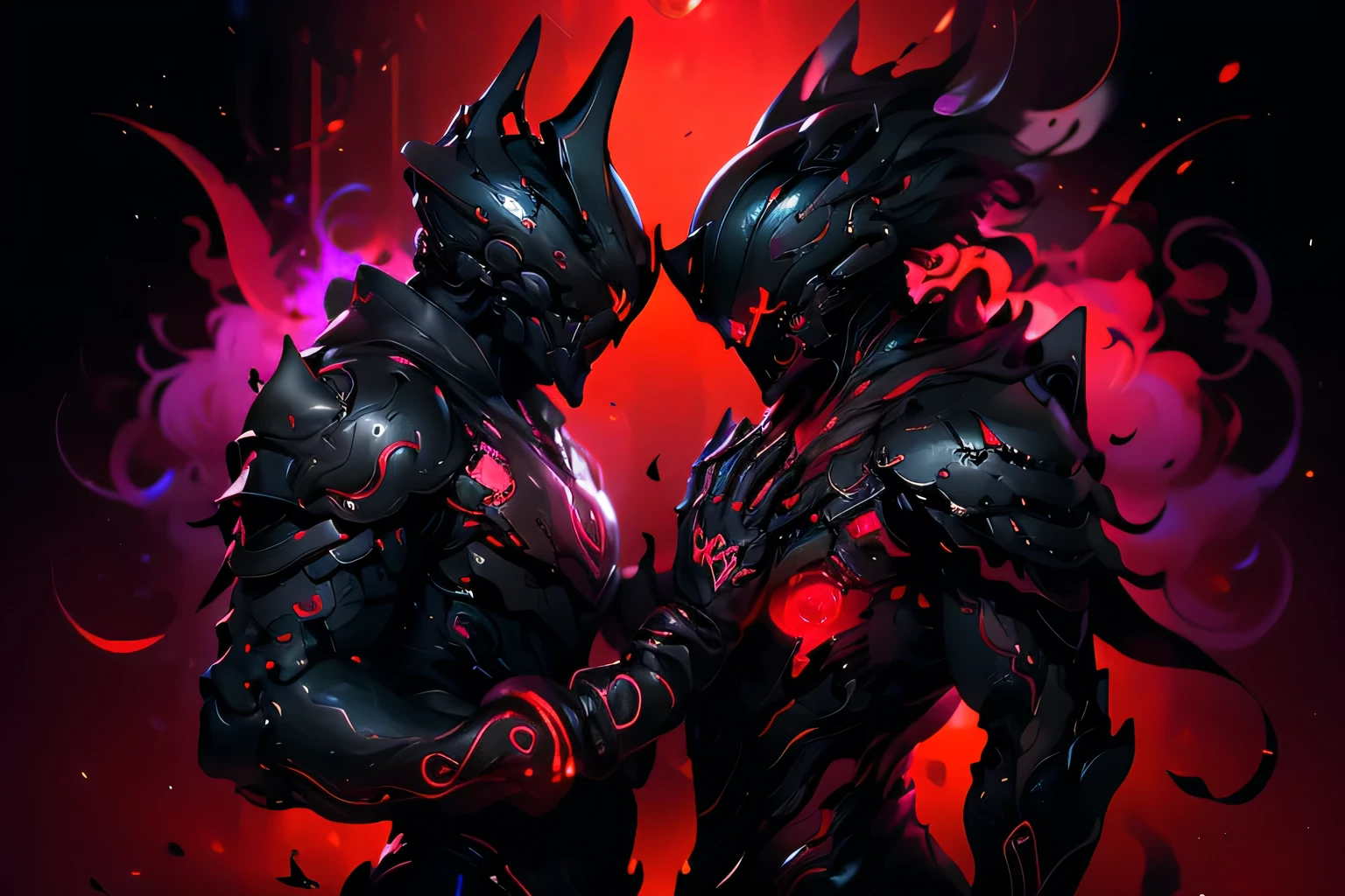 Beautifully detailed images,Depicts two people, Radiate magical energy. Shiny and sharp blade,Bloody Light, Bends and twists when reaching from one hand to the other, Create a mesmerizing, Light red flame rotating ethereal trajectory. The surrounding rooms were bathed in blood., Deep red light. Macro lens, Prime Time, Soft lighting