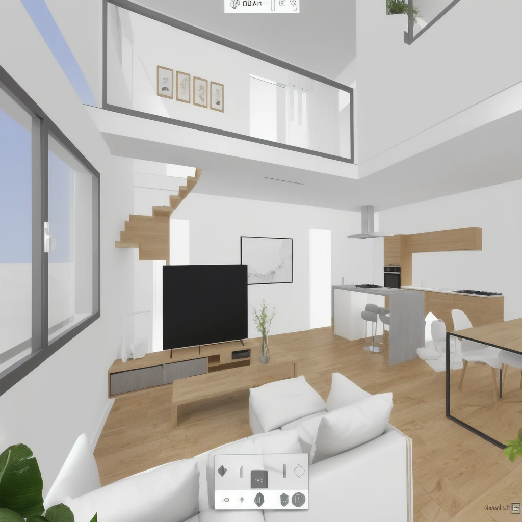 Salon avec un canapé, une table basse et une télévision devant. Puis un escalier derrière qui donne accès à une mezzanine. A droite du salon, il y a une cuisine ouverte avec une table à manger. Il y a 2 couleurs, le bois chêne pour le sol la table l'escalier, et le blanc pour le canapé les chaises et les murs.