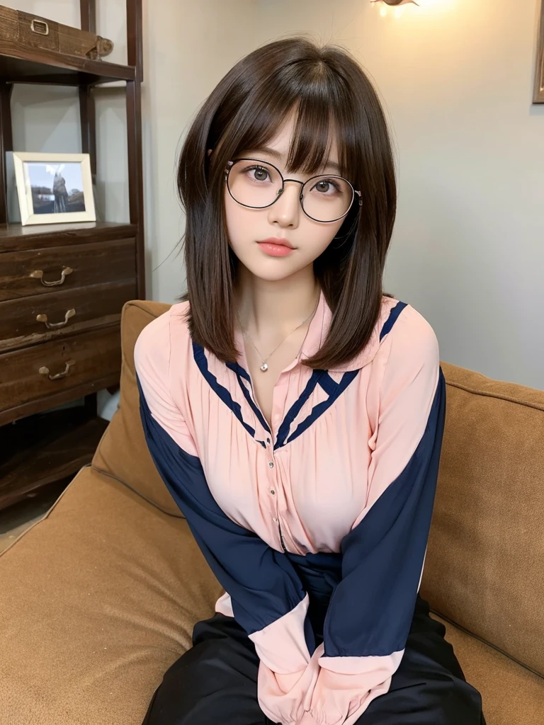 In manhwa art style young adult Korean woman 24s. Her haircut is hime cut with bangs and ginger color. Her face is oval , which carry a hopefully and cool face. Her skin is radiant and clear, and her lips is red pink. Brown color eyes are captivating and beautiful. She is wearing a black pants and blue long-sleeved and glasses blouse while inside his photographic studio 