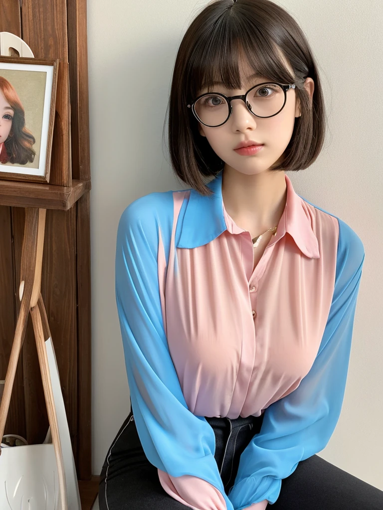 In manhwa art style young adult Korean woman 24s. Her haircut is hime cut with bangs and ginger color. Her face is oval , which carry a hopefully and cool face. Her skin is radiant and clear, and her lips is red pink. Brown color eyes are captivating and beautiful. She is wearing a black pants and blue long-sleeved and glasses blouse while inside his photographic studio 