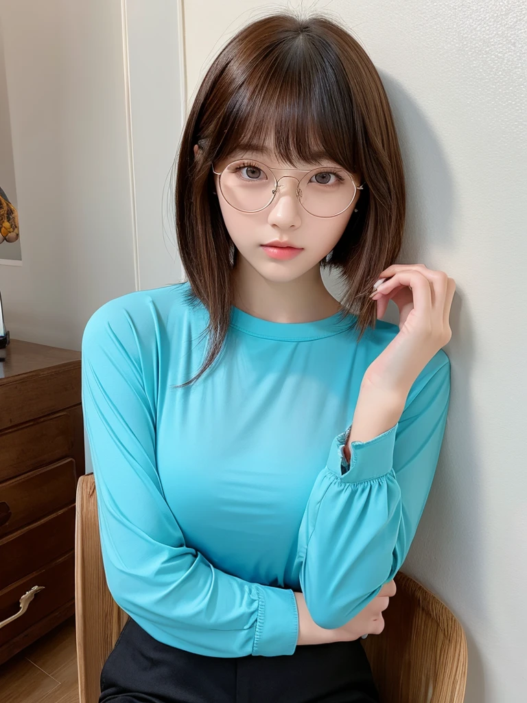 In manhwa art style young adult Korean woman 24s. Her haircut is hime cut with bangs and ginger color. Her face is oval , which carry a hopefully and cool face. Her skin is radiant and clear, and her lips is red pink. Brown color eyes are captivating and beautiful. She is wearing a black pants and blue long-sleeved and glasses blouse while inside his photographic studio 