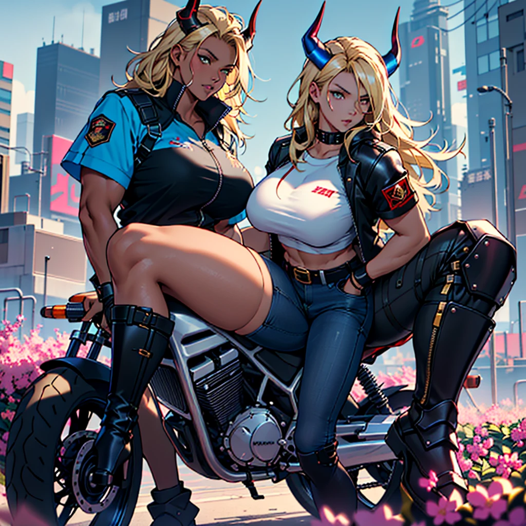 ((best quality)), ((masterpiece)), (detailed), 1girl, 8k_wallpaper, extremely detailed eyes, extremely detailed body, beautiful face, perfect face, detailed ((blonde hair)), (gold eyes), ((large big red and blue horns)), {{dark skin}}, ({dark skinned female}), gigantic breasts, thick thighs, strong arm and leg muscles, strong abdominal muscles, Monster women, Korean women, wearing a modern short black cloth jacket with rolled up sleeves, (wearing heavy gold colored steel cyberpunk armor), a wide red leather belt with blue steel yarn, steel boots, steel thigh guards, a military radio hangs on her belt, a biker girl, she rides on another planet along a lilac field against the backdrop of a blue desert and high red mountains,