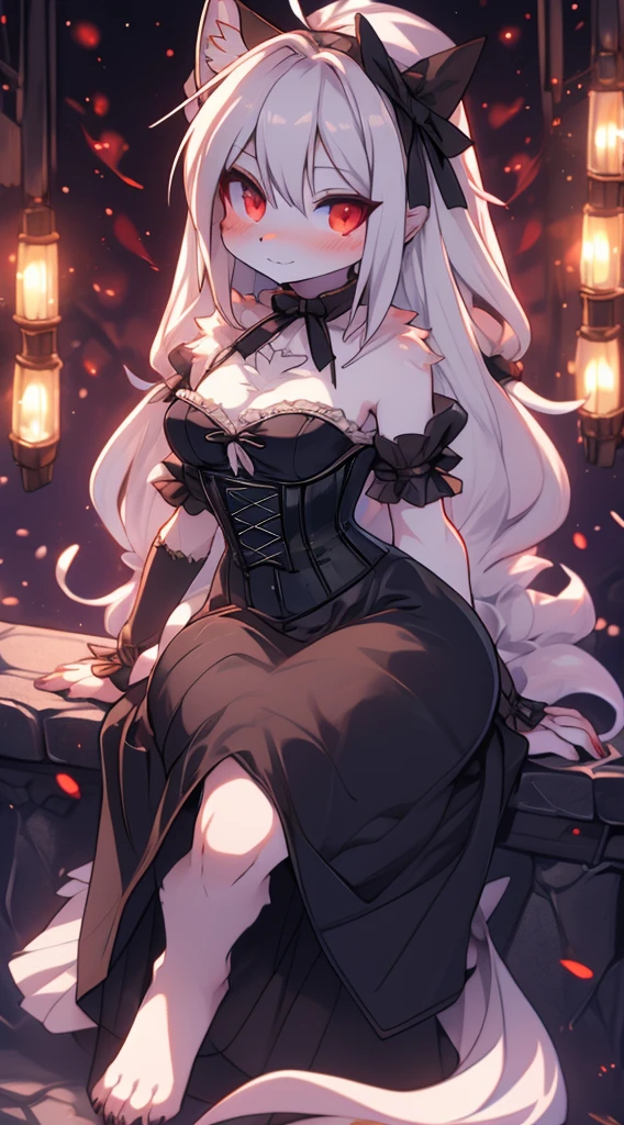 anime: style image of a woman wearing a navel corset dress in dress, cute anime waifu with a nice dress add_detail:1, seductive anime girl, , cushart krenz art key women, from the video game azur lane, Azure Lane Style, anime girl in a black dress, trend on artstation pixiv, red pupils add_detail:1, White hair, good figure add_detail:1, sitting on a french ledge add_detail:1, vist body asoleto, barefoot, beautiful feet add_detail:1, small breasts, lolita add_detail:1