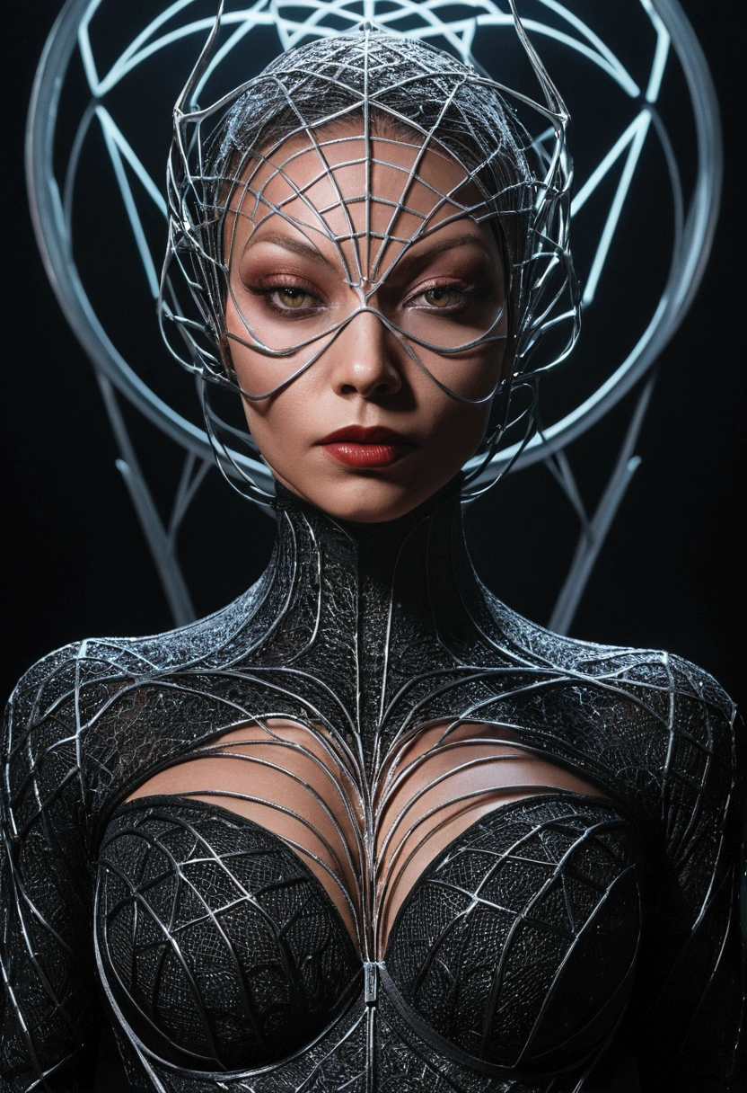 "Create a captivating scene where a stunning woman, her eyes sparkling with intelligence and grace, stands before a mesmerizing display of Ferrofluid. The dual masks she wears, a blend of protection and style, add an intriguing layer to her enigmatic presence. As she delicately interacts with the Ferrofluid, it responds to her touch, forming elegant, fluid patterns that mirror her movements. This composition captures the harmonious fusion of science and beauty, highlighting the importance of safeguarding both our health and our aesthetic expression in today's world."