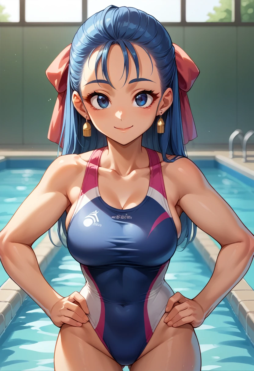 score_9, score_8_up, score_7_up, score_6_up, source_anime, BREAK 1girl, nera, hair ribbon, , earrings, blue competitive swimsuit, , staring at you, medium breasts, , happy, smiling, mouth closed, hands on hips, indoor pool