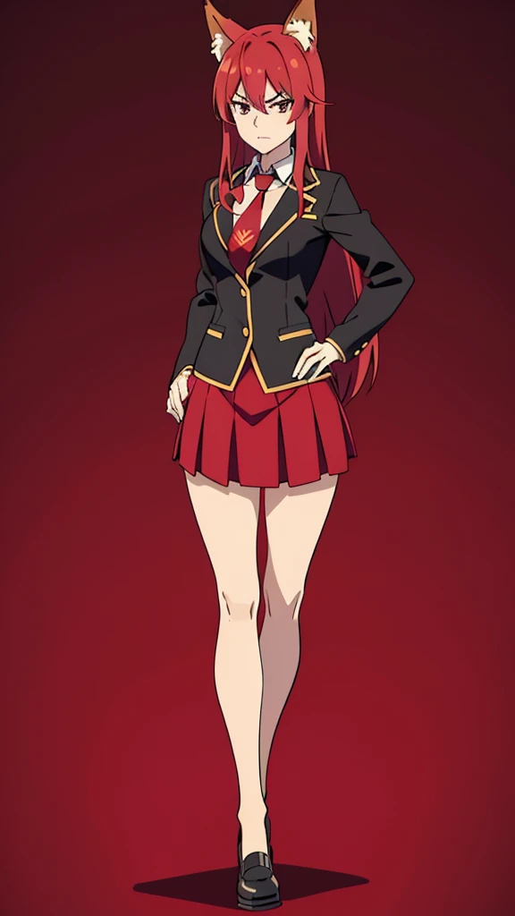 1girl ,20s,mature female,serious face,solo,red hair,red eyes,long hair,fox ears,hair between eyes,(simple background),necktie,black jacket, blazer,long sleeves,pleated skirt,full body,from back