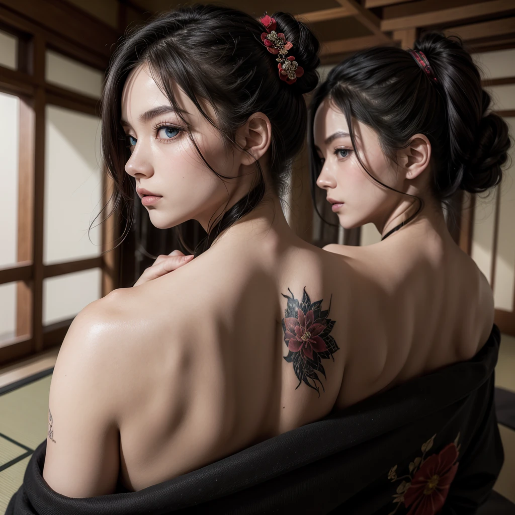 Masterpiece, Superior quality, Best Quality, Official Art, beautiful and aesthetic:1.2),1 girl, tattoo, Alone, japanese clothes, Red and black kimono, hair ornament, unfaulting, black fur, fault, back tattoo, dragon tattoo, Blue eyes, off the shoulder, bare shoulders, looking back, from behind, flower, looking at the viewer, tenure, make up, exterior, naked 