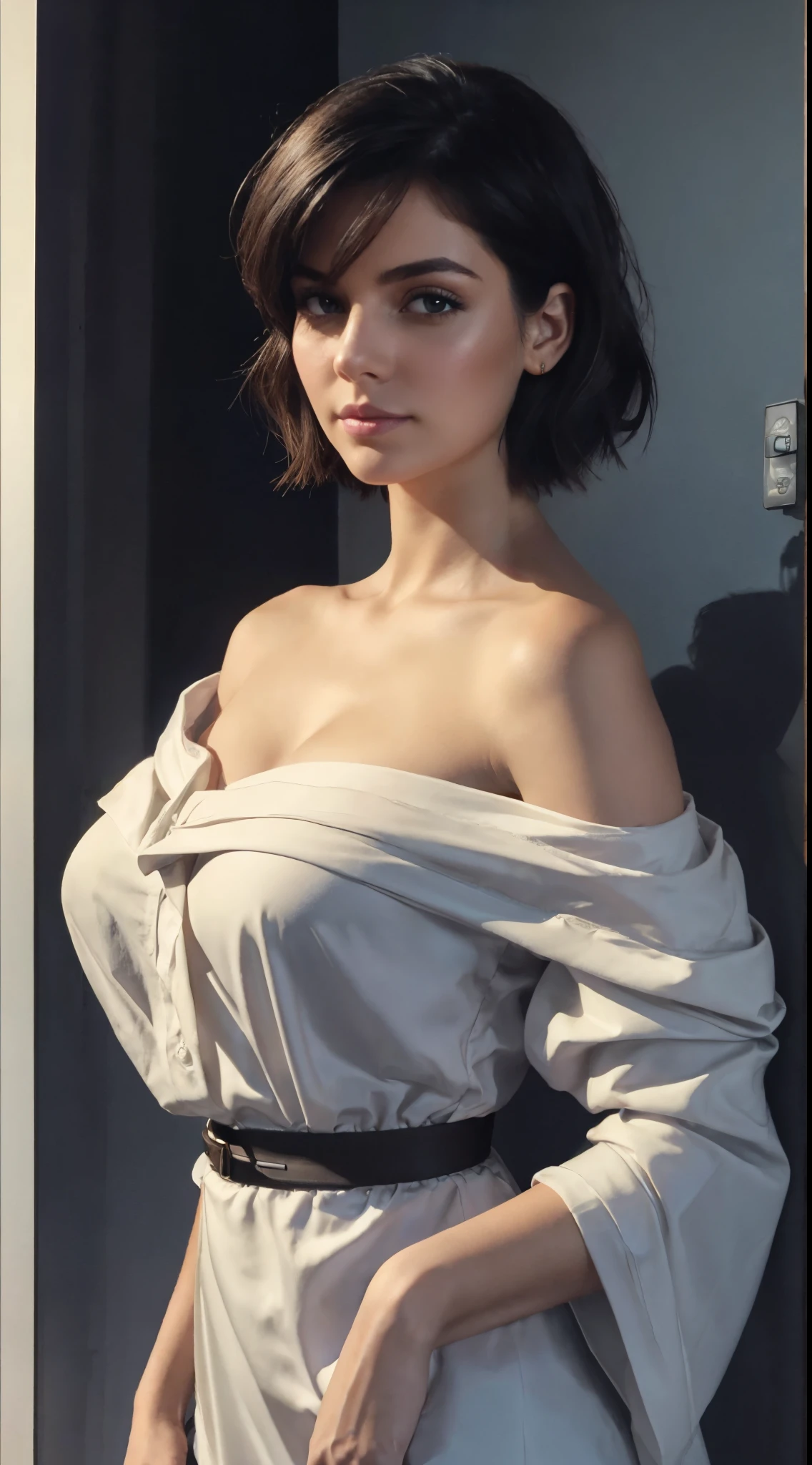 off shoulder, in the dark, deep shadow, discreet key, cold light, sexy look, short hair
