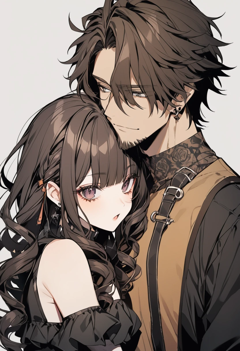 Couple man brown bearded short dark hair gothic girl curly hair and bangs