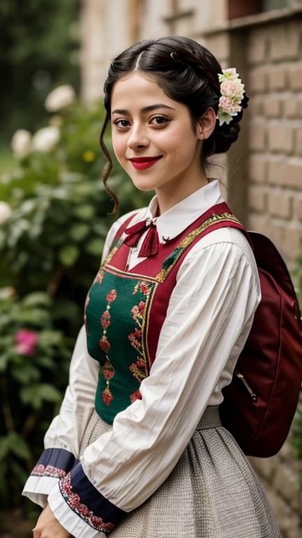 Rosa Salazar dressed in traditional Czechoslovak clothing with painted lips and smiling