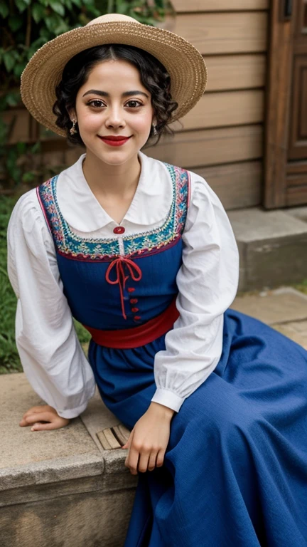 Rosa Salazar dressed in traditional Czechoslovak clothing with painted lips and smiling