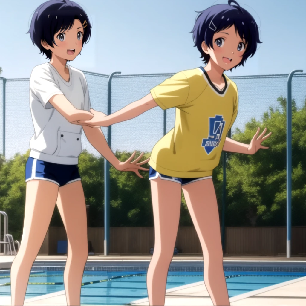 Ai ohto [wonder egg priority], short hair, hairclip,yellow bikini , sports bra, smile, pool