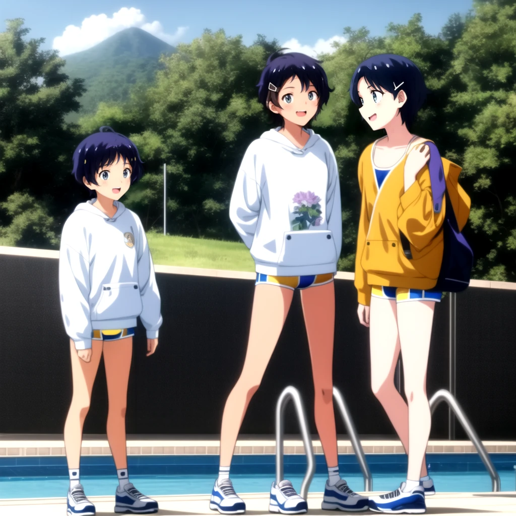 Ai ohto [wonder egg priority], short hair, hairclip,yellow bikini , sports bra, smile, pool