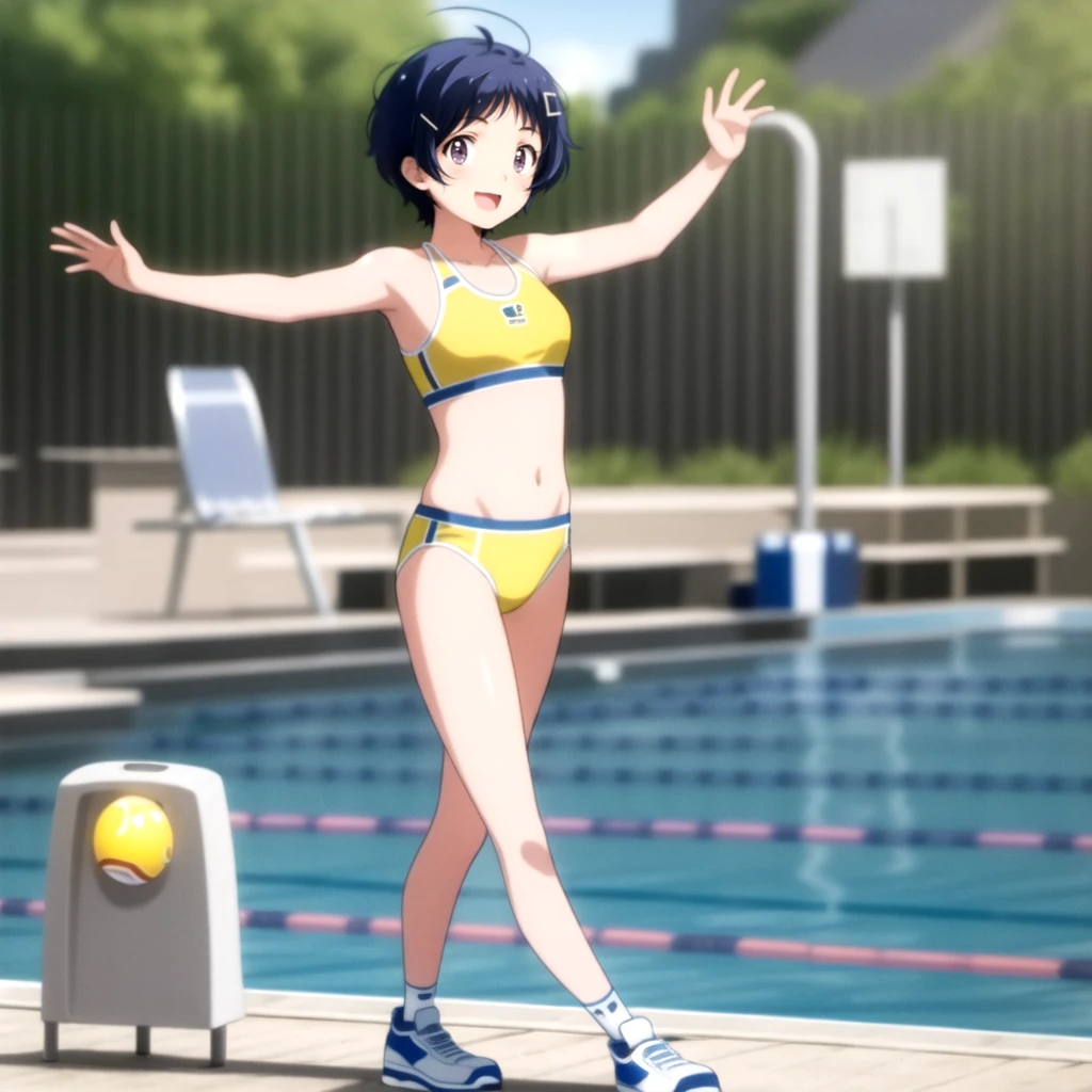 Ai ohto [wonder egg priority], short hair, hairclip,yellow bikini , sports bra, smile, pool