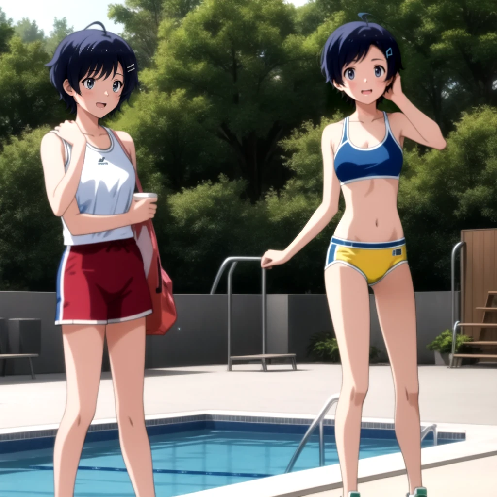 Ai ohto [wonder egg priority], short hair, hairclip,yellow bikini , sports bra, smile, pool