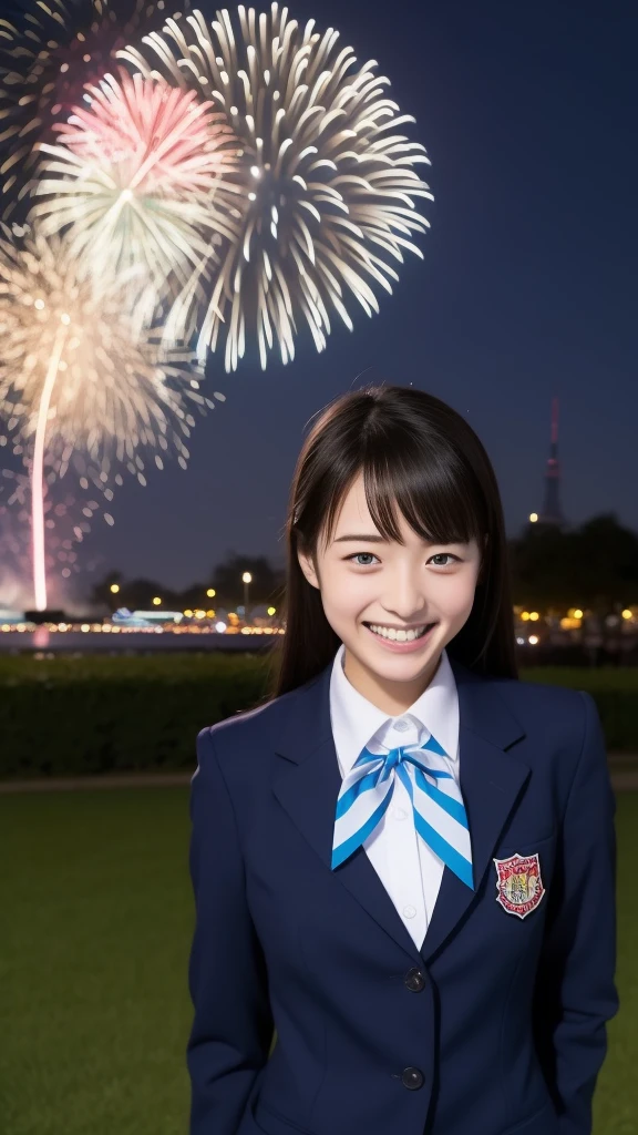 Laughter、high school girl、uniform、While setting off fireworks、Tokyo Sky Tree