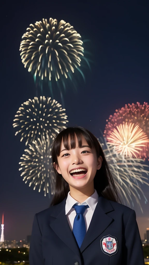 Laughter、high school girl、uniform、While setting off fireworks、Tokyo Sky Tree