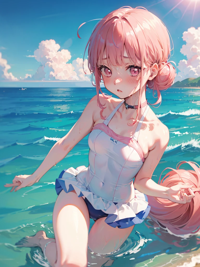 Random patterned swimsuit、Swimsuit,,Blushing、Pink Hair、Pale pink eyes、Buns under both ears、Head to toe full body、Blushing、Embarrassed look、Composition from the front、A view from slightly below、school swimwear、Acme Face、Random pose、, 、nsfw、Highest quality、1 girl、独奏、Ocean、Sandy Beach、Sexy pose、Random pose、Blushing、wet、Embarrassed、I can see half of my 、、One piece swimsuit、(Strap slip:1.3)、Swimsuit