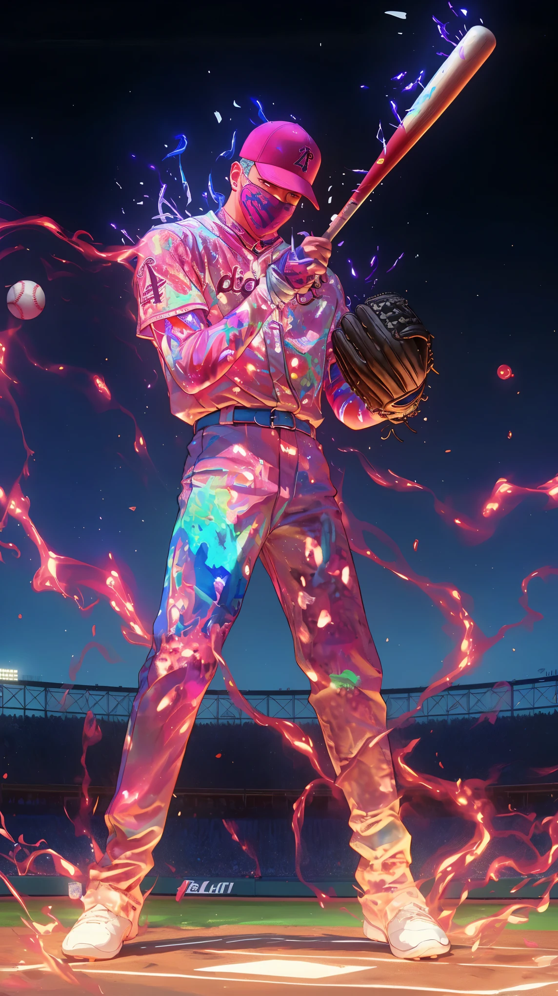 Colorful baseball player throwing ball with bat and glove, Rob Rey and Kentaro Miura style, Just a joke, high detailed official art works, Beeple 和 James Jean, Rodel Gonzalez (Rodel Gonzalez) of inspiration, Complete art illustration, Complete art, Ryan Glitter Concept Artist, Stunning digital illustrations, Ross Tran 8k, Colorful concept art, Color illustrations, official art works, Fire