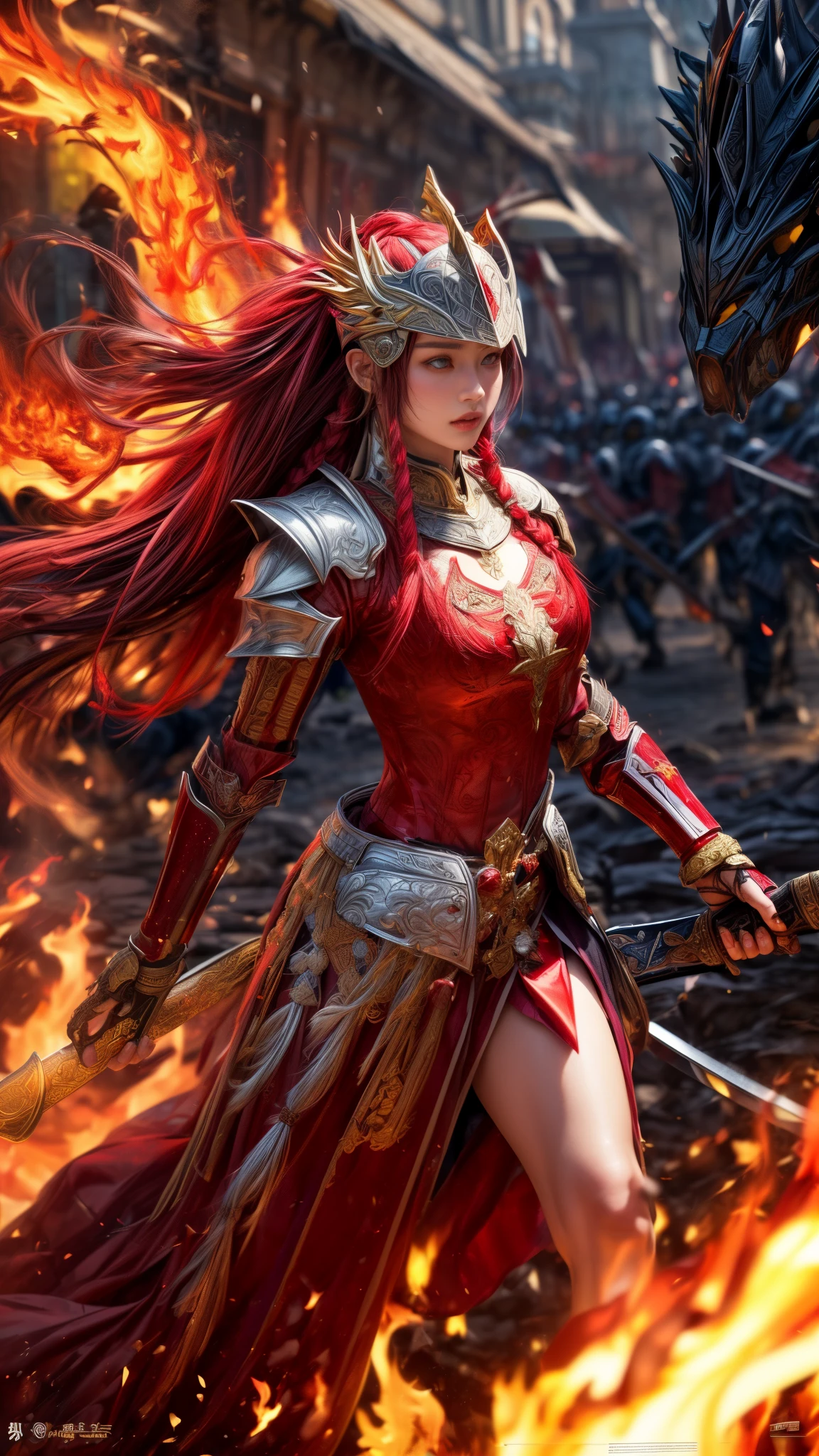 Very beautiful woman、Slender women、(Detailed face)、Realistic Skin、((Knight of Fire)), (((Red Armor:1.25)))、((((A black armor with extremely detailed and intricate decoration.))))、((Delicate photo))，(Girl Astepeace RAW Photo Details:1.25), (Highest quality:1.6), (Ultra-high resolution:1.5), (Realistic:1.75), 8K resolution, Canon EOS R5, 50mm, Absurd, Super detailed,Cinema Lighting,Battlefields of Medieval Europe、((Fight))、RPG World、Final Fantasy、(((Decorative skirt)))、Thigh-high socks、Shingard、night、Pink Hair、((Bangs are too long))、((Long, thick pink braids))、Get a six pack、Torn Cloak、Beautiful Armor、(((Giant Sword)))、In combat、The wind is blowing、(((Flames covering the area)))、(((Leading a large group of red knights)))、(((Knight Commander)))、Armor with a phoenix motif、((flames of fire))、(((Battle Scenes)))、((Browsing Caution:1.2))、(((Put on a helmet)))