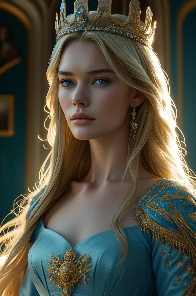 16 year old Lena Headey, ultra detailed face, ultra detailed blue eyes, long blonde hair, (queen dress), queen crown, (((masterpiece)))