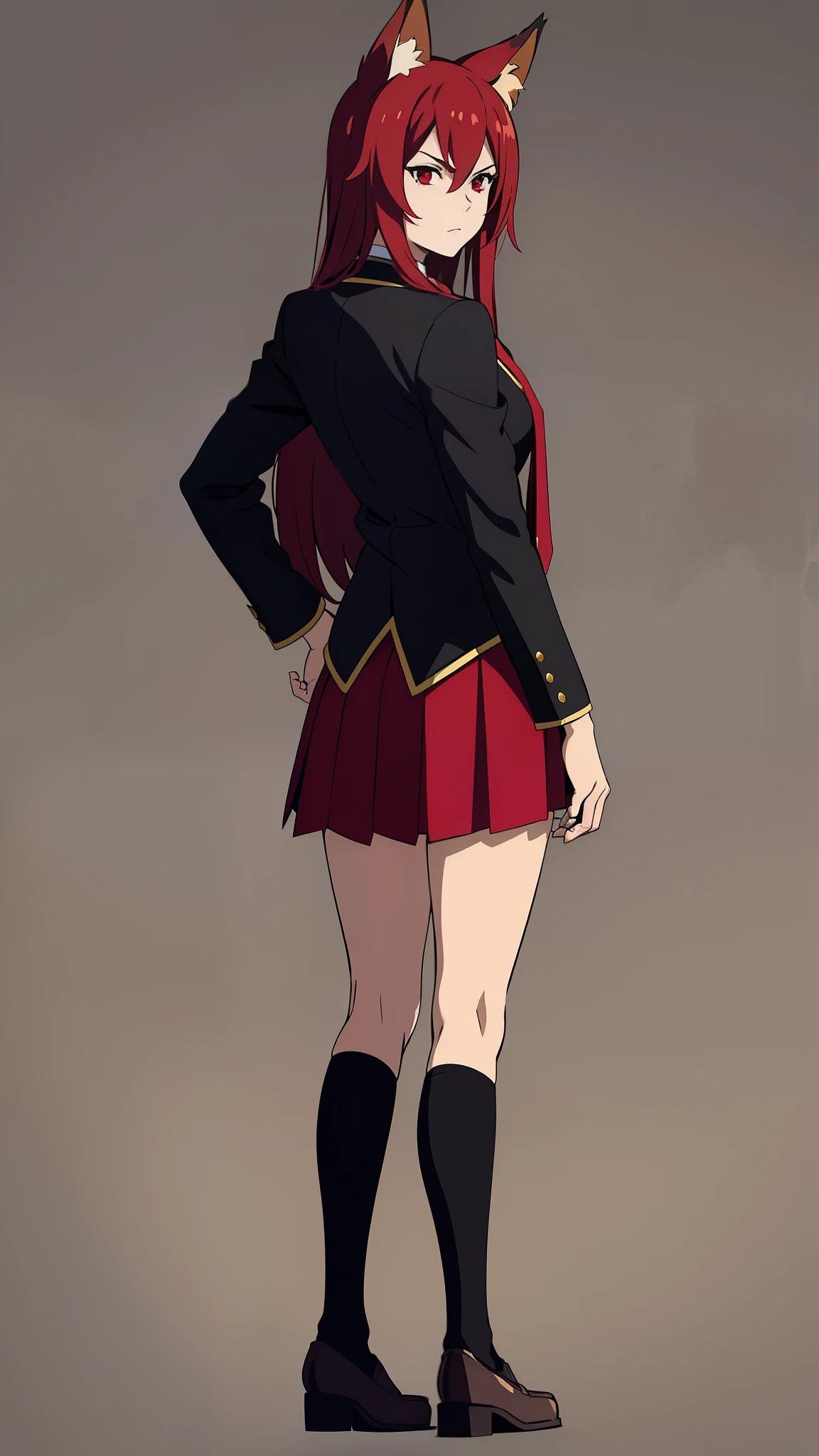 1girl ,20s,mature female,serious face,solo,red hair,red eyes,long hair,fox ears,hair between eyes,(simple background),necktie,black jacket, blazer,long sleeves,pleated skirt,full body,from back,(looking back),walking,looking at view