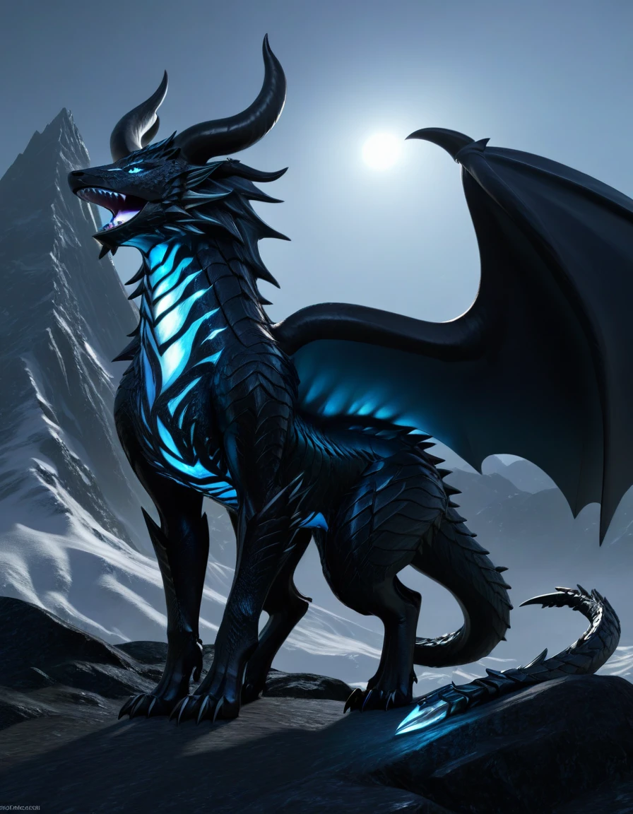 full body portrait of a realistic feminine obsidian dragon, large wings, black ral-opal inner wings, white glowing eyes, wolf shaped head, huge, long body, four legs, many horns, horns, antlers, twisting horns, curled horns, open mouth, fangs, mysterious mountain scenery, full body, cinematic, render, 8k, unreal engine, realistic, masterpiece, high detail, full body, low life, extremely intricate, extreme detail, volumetric lighting