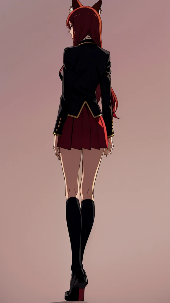 1girl ,20s,mature female,serious face,solo,red hair,red eyes,long hair,fox ears,hair between eyes,(simple background),necktie,black jacket, blazer,long sleeves,pleated skirt,full body,from back