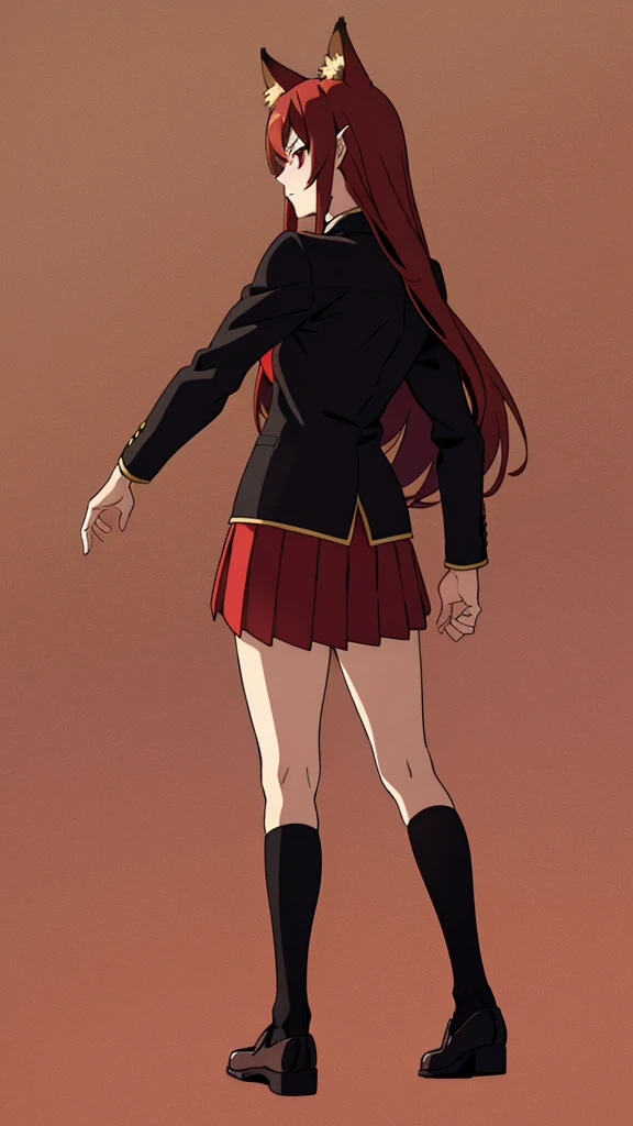 1girl ,20s,mature female,serious face,solo,red hair,red eyes,long hair,fox ears,hair between eyes,(simple background),necktie,black jacket, blazer,long sleeves,pleated skirt,full body,from back