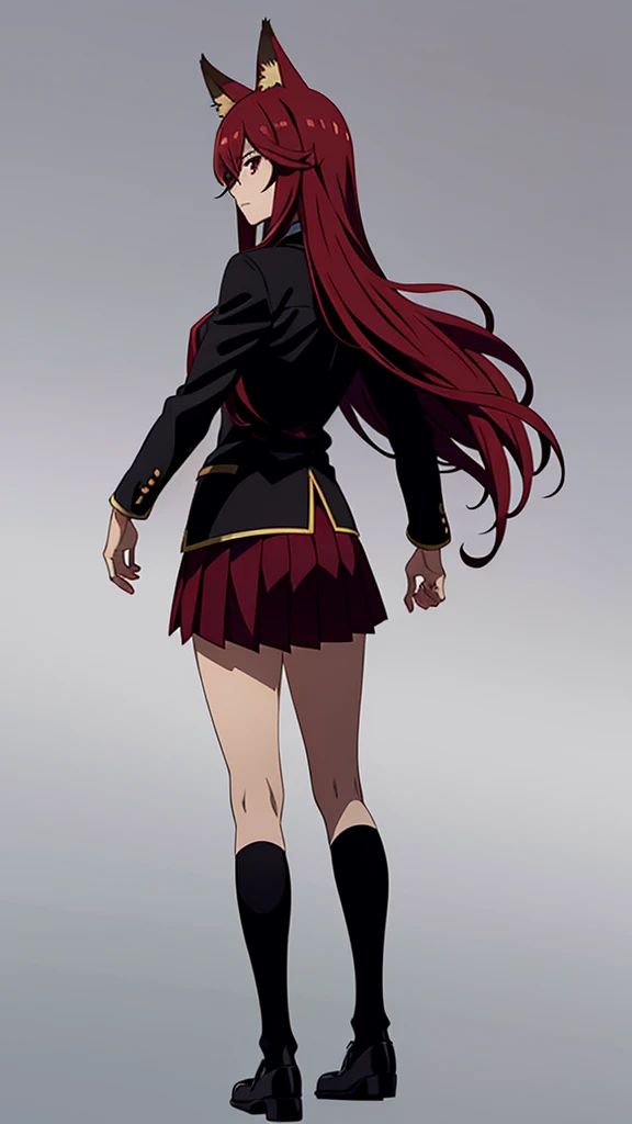 1girl ,20s,mature female,serious face,solo,red hair,red eyes,long hair,fox ears,hair between eyes,(simple background),necktie,black jacket, blazer,long sleeves,pleated skirt,full body,from back