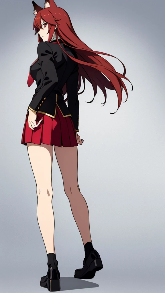 ((beautiful face)),1girl ,20s,mature female,(red hair),long hair,red eyes,fox ears,(white background,simple backfround),serious,necktie,black jacket, blazer,long sleeves,pleated skirt,full body,from side