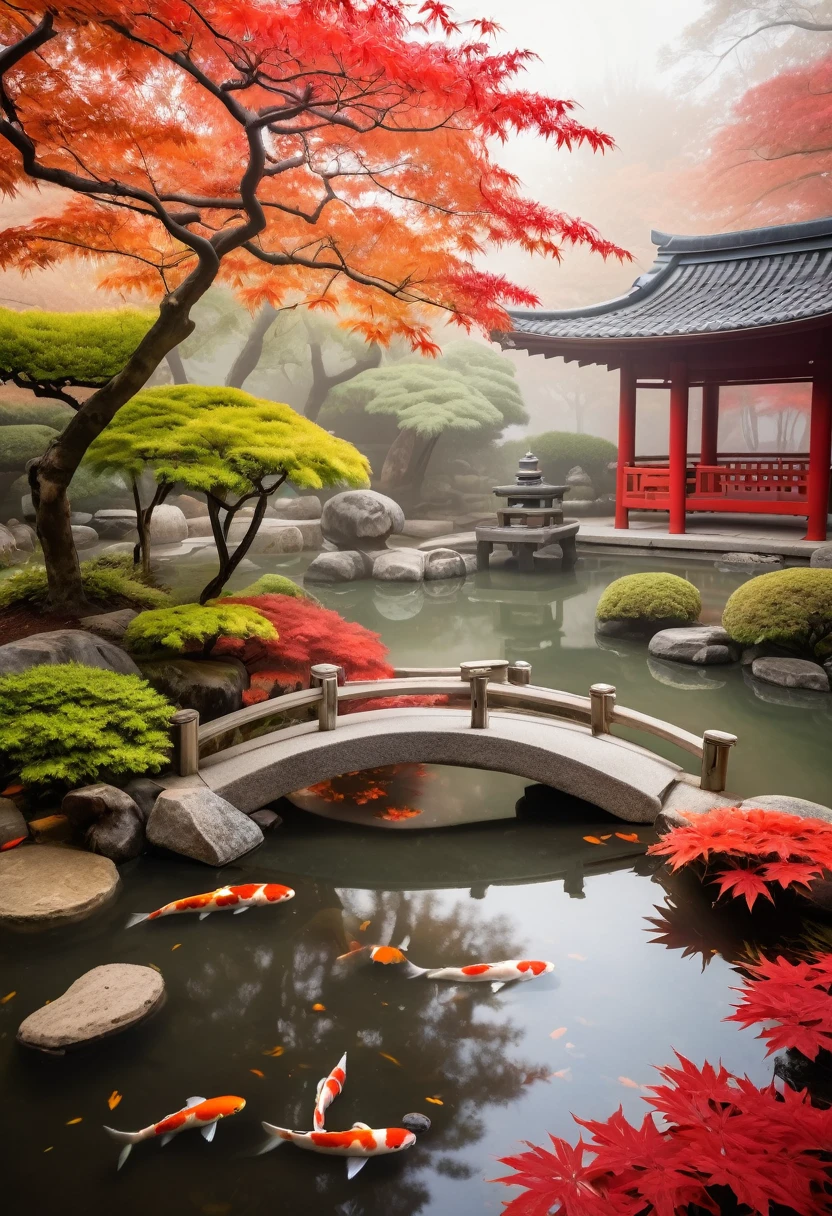Serene Japanese garden in autumn, red maple leaves, stone lanterns, koi pond, morning fog, ultra-high definition, lifelike textures