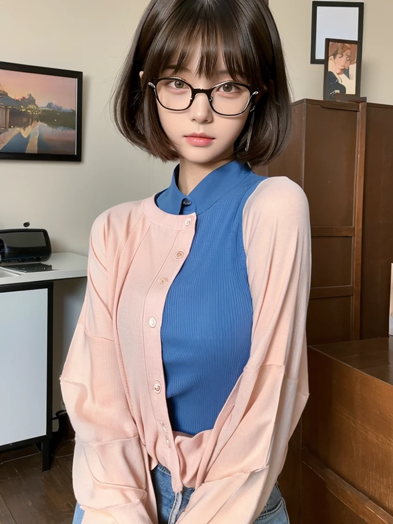 In manhwa art style young adult Korean woman 24s. Her haircut is hime cut with bangs and ginger color. Her face is oval , which carry a hopefully and cool face. Her skin is radiant and clear, and her lips is red pink. Brown color eyes are captivating and beautiful. She is wearing a black pants and blue long-sleeved and glasses blouse while inside his photographic studio