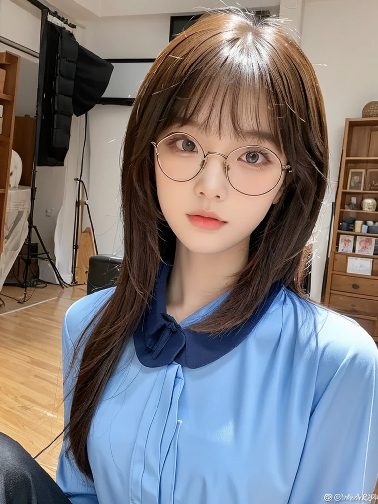 In manhwa art style young adult Korean woman 24s. Her haircut is hime cut with bangs and ginger color. Her face is oval , which carry a hopefully and cool face. Her skin is radiant and clear, and her lips is red pink. Brown color eyes are captivating and beautiful. She is wearing a black pants and blue long-sleeved and glasses blouse while inside his photographic studio 