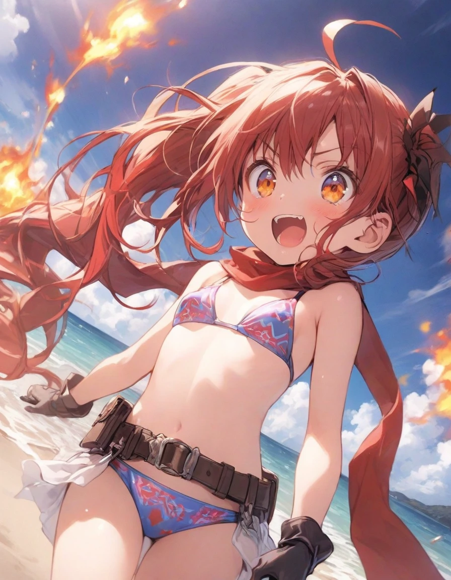 purple color scheme,sky-themed clothes made out of bikini and sky motifs..cute bikini,pareo,beach, red hair,, two tone hair, shiny hair, jewelry, ,, fire, dynamic angle, best quality,,,、,, ,(blooch:1.25), red scarf, ,rider belt,,red,ribbon, red hair,orange eyes,, gloves,,bodysuit,, ahoge, antenna hair, short hair,(small breasts:1.3),,(side ponytail:1.5),