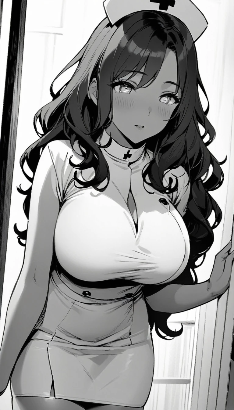 masterpiece, best quality, grayscale, monochrome, manga frame, 1girl, solo, adult, mature, tanned skin, black hair, long hair, wavy hair, light eyes, tight nurse outfit, pencil skirt, nurse cap, large breasts