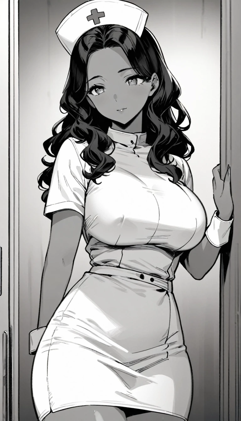 masterpiece, best quality, grayscale, monochrome, manga frame, 1girl, solo, adult, mature, tanned skin, black hair, long hair, wavy hair, light eyes, tight nurse outfit, pencil skirt, nurse cap, large breasts