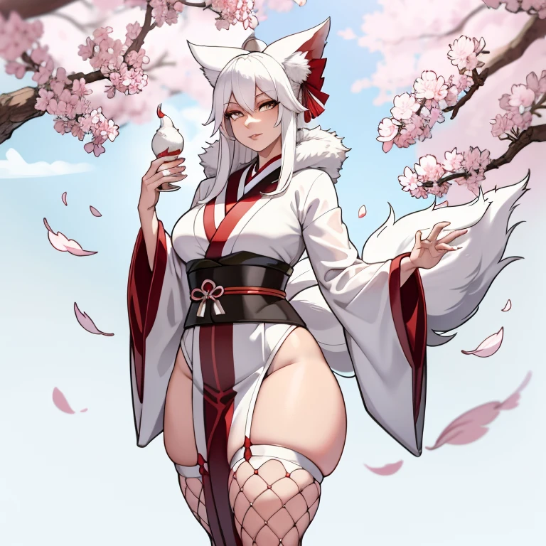 Curvy white-haired 9-tailed kitsune wearing a fur-lined robe and a cherry blossom kimono, wearing thigh-high fishnet stockings (alone)(Alone), alone, Alone