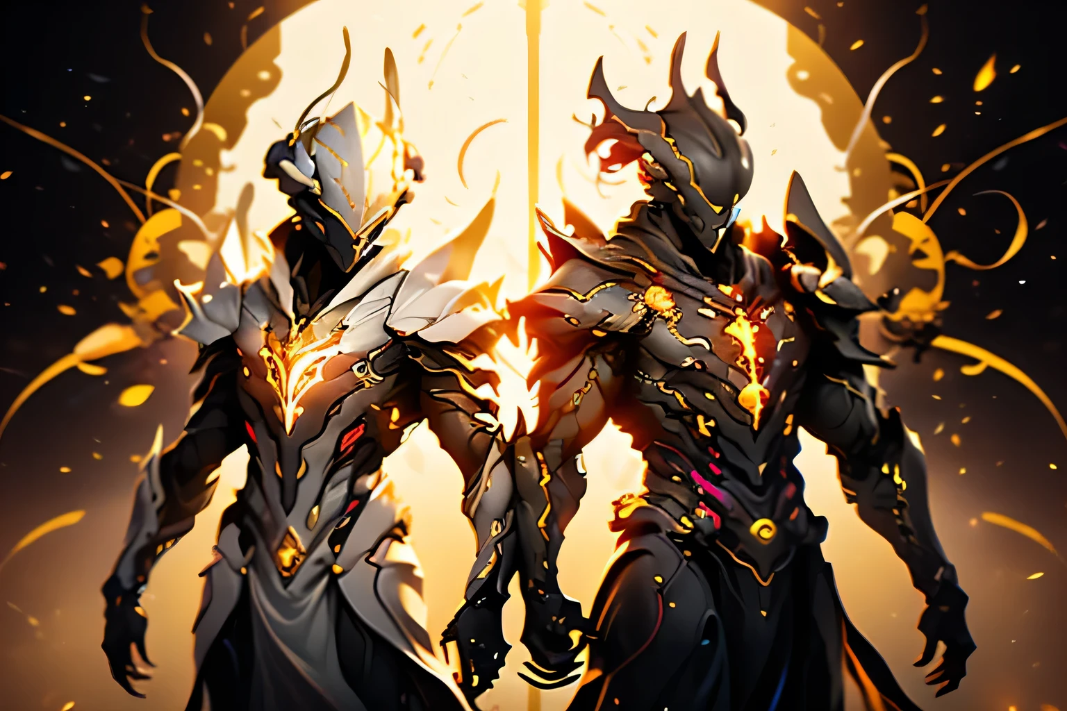 Beautifully detailed images，Depicts two people, Radiate magical energy. Shiny and sharp blade,Divine Light, Bends and twists when reaching from one hand to the other, Create a mesmerizing, Pale flames rotate ethereal trajectory. The surrounding room is bathed in white light, Deep golden light. Macro lens, Prime Time, Soft lighting